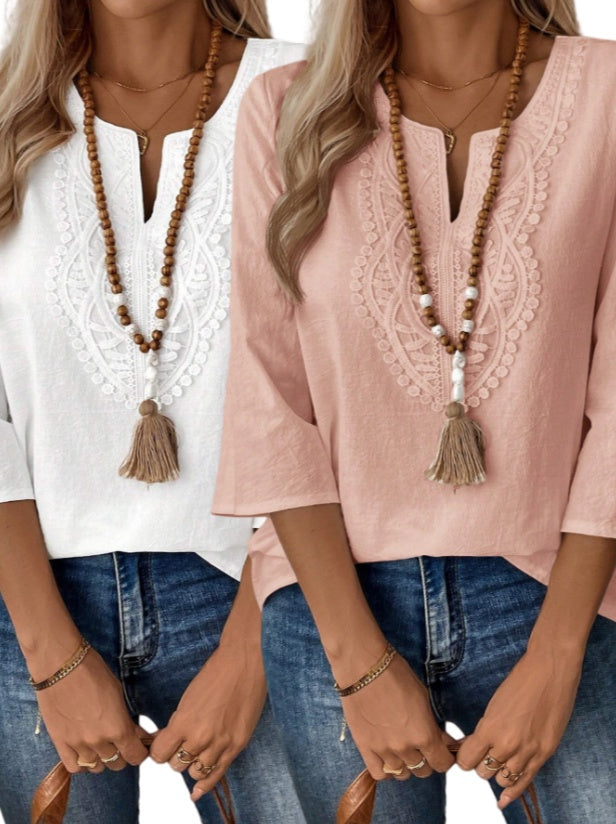 2PCS Women's Solid Color V-Neck Long Sleeve Simple Casual Blouse