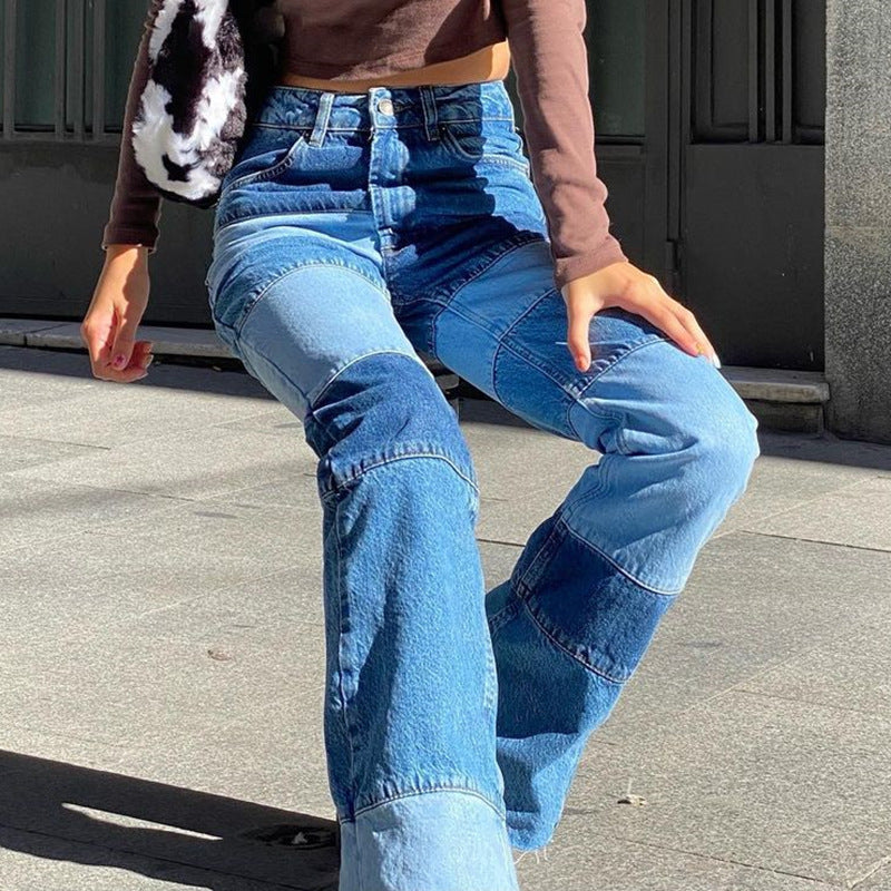 Ladies Contrasting High-rise Straight-leg Jeans