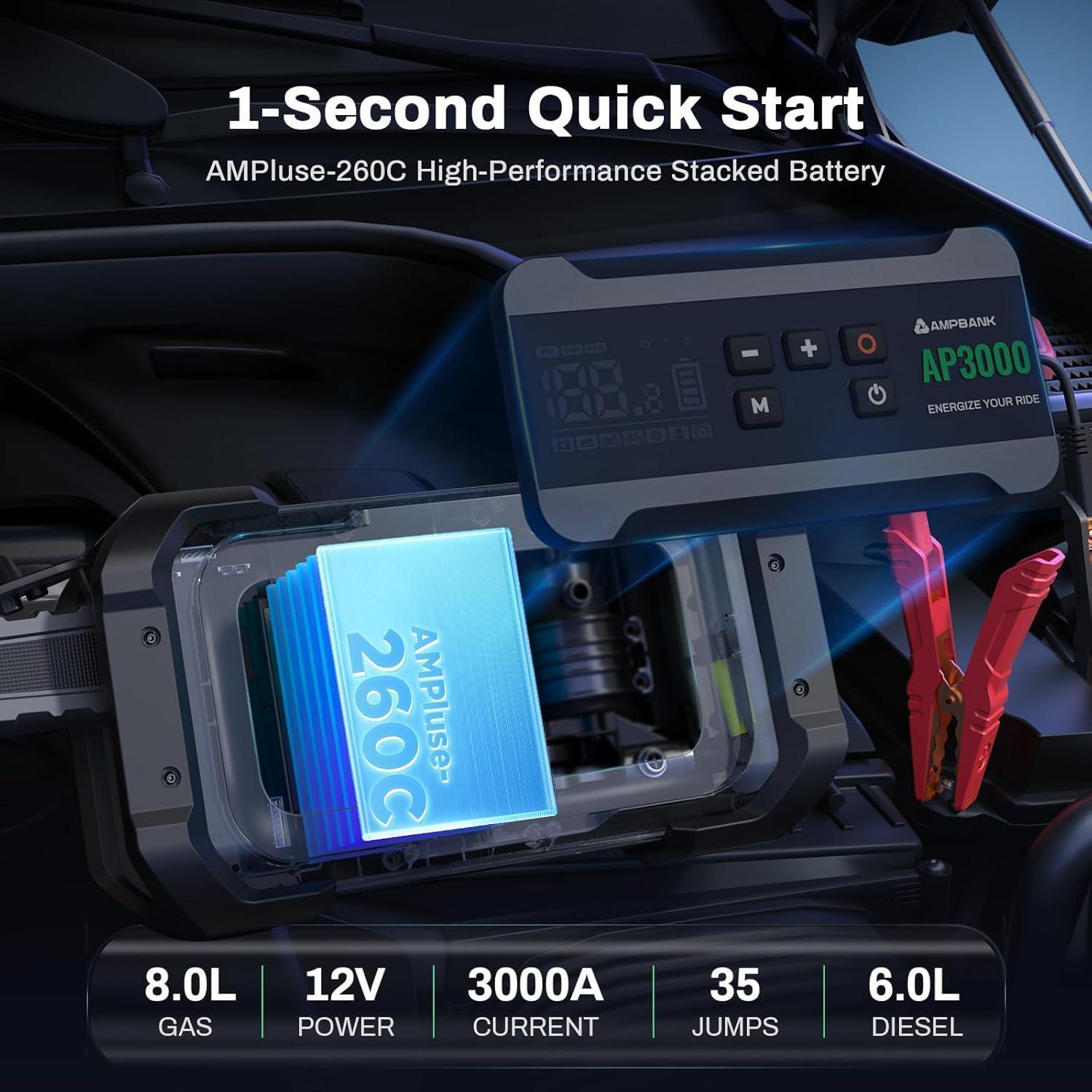 3000A Portable Car Emergency Starter Power Supply With Inflator Function 150PSI Digital Tire Inflator 12V Car Battery Charger With LED Lighting LCD Display