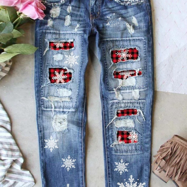Ladies Ripped Plaid Ladies Jeans Trousers