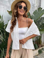 Polo Collar Casual White Women's Cardigan Button Shirt