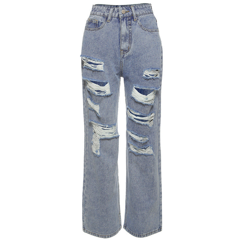 European and American Street Ripped Jeans Women Light Color High Waist
