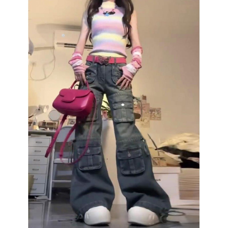 Plus Size Washed-out Vintage Multi-pocket Workwear Jeans For Women