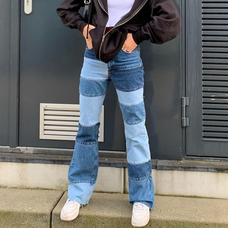 Ladies Contrasting High-rise Straight-leg Jeans