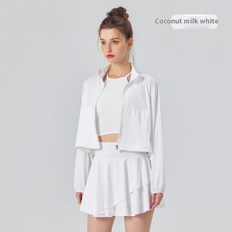 Stand Collar Pocket Cool UV-proof Women's Outdoor Sports Fitness Jacket Loose Breathable Casual Top