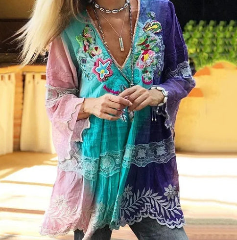 Vintage Boho Colorful Floral Color Block Patchwork Linen V-neck Blouses