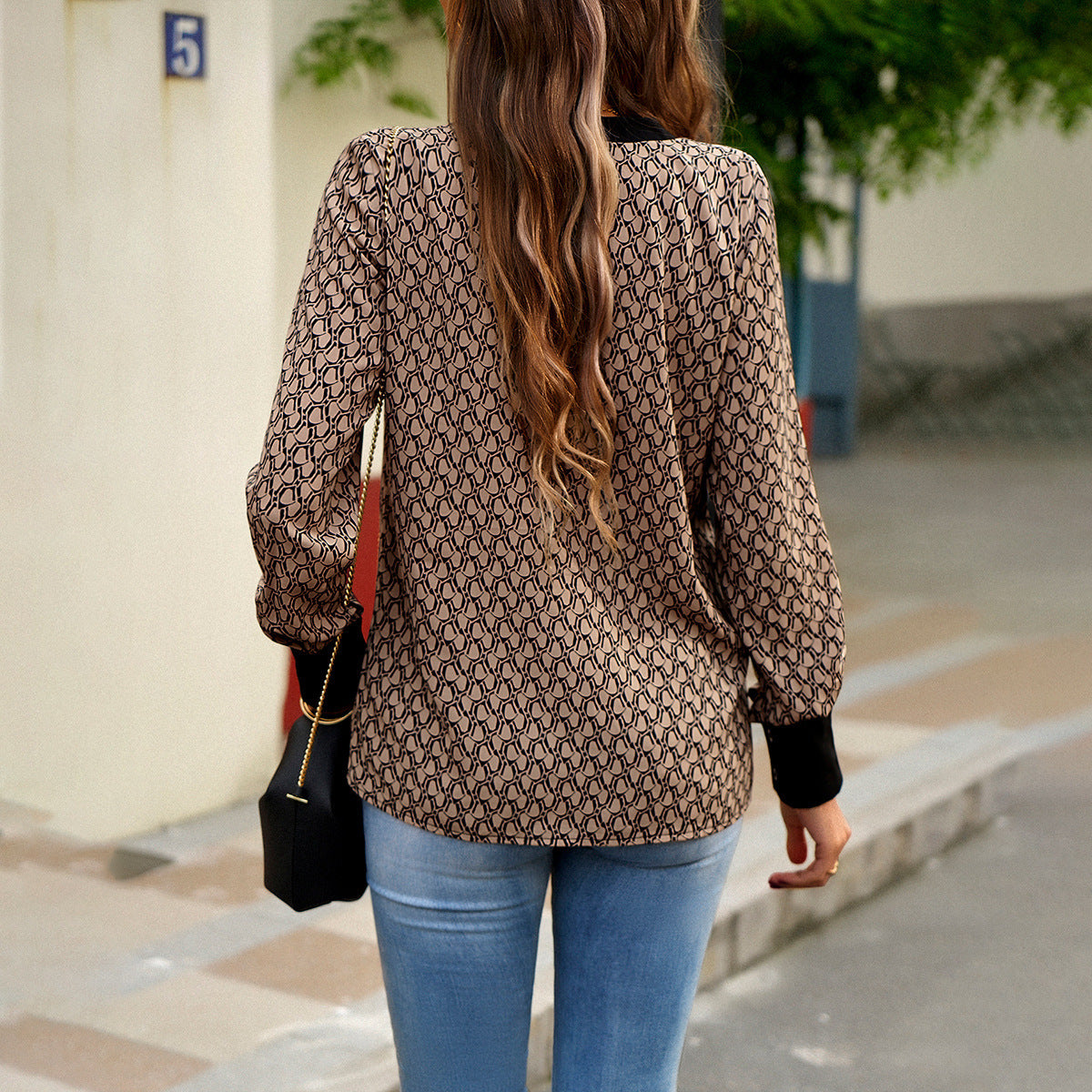 Printed V-neck Shirt Women's Long-sleeved Top