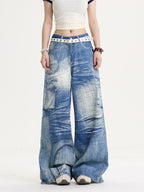 American Retro Sweet Cool Printed Wide-leg Jeans Women's Loose Slimming