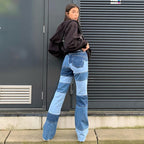 Ladies Contrasting High-rise Straight-leg Jeans