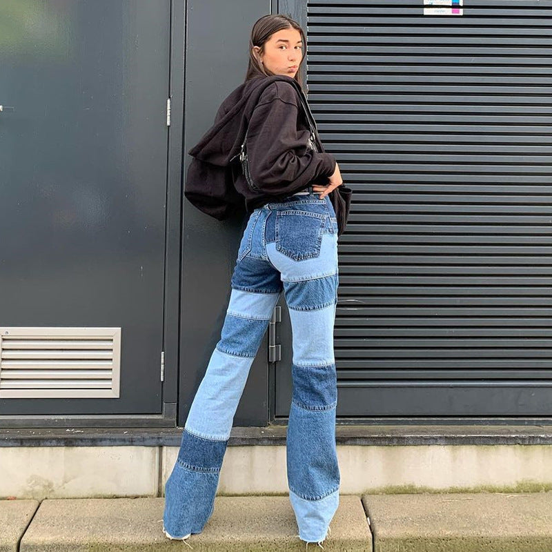 Ladies Contrasting High-rise Straight-leg Jeans