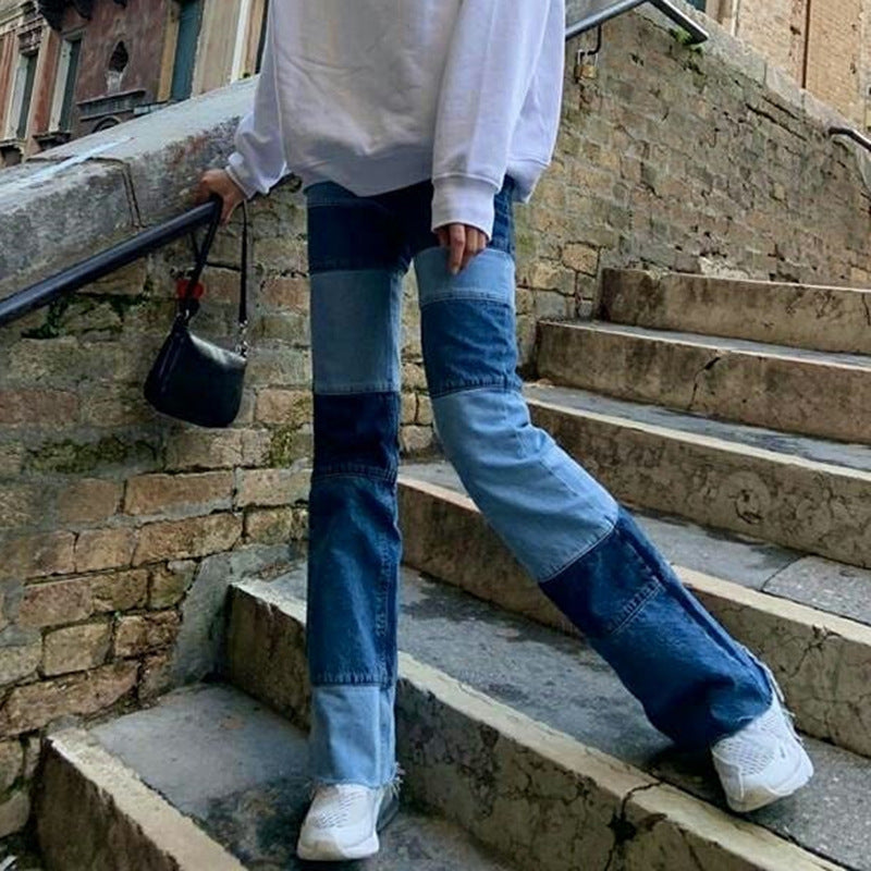 Ladies Contrasting High-rise Straight-leg Jeans