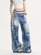 American Retro Sweet Cool Printed Wide-leg Jeans Women's Loose Slimming