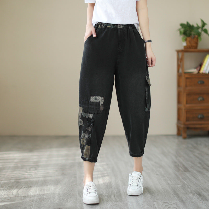 Ladies Vintage High Waist Casual Loose Printed Jeans