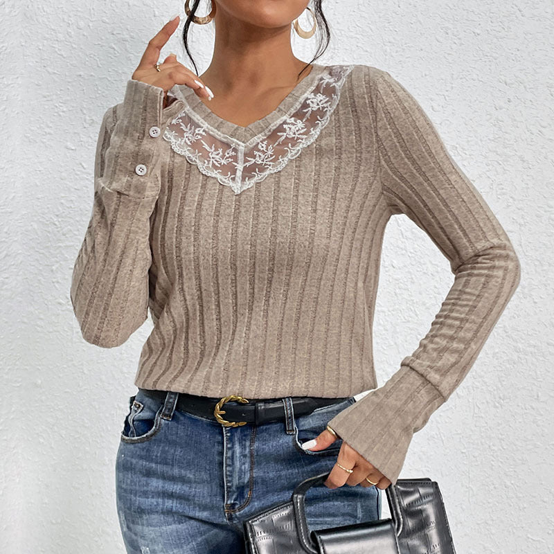 Women's Slim-fit T-shirt Lace V-neck Patchwork Texture Sunken Stripe Knitted Top
