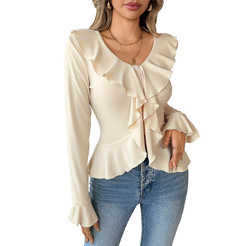 V-neck Flounce Slim Fit Slimming Top T-shirt For Women