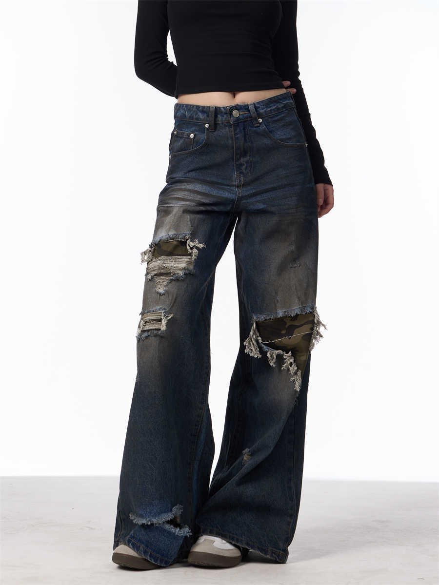 Distressed Camouflage Patch Ripped Jeans Women Loose Straight-leg Wide-leg Pants