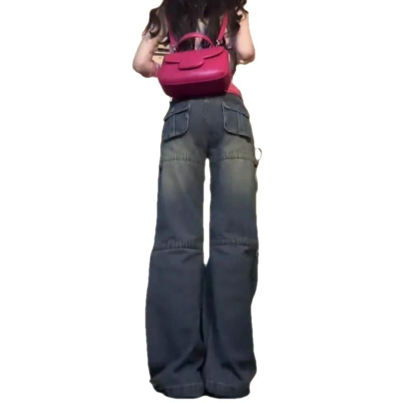 Plus Size Washed-out Vintage Multi-pocket Workwear Jeans For Women