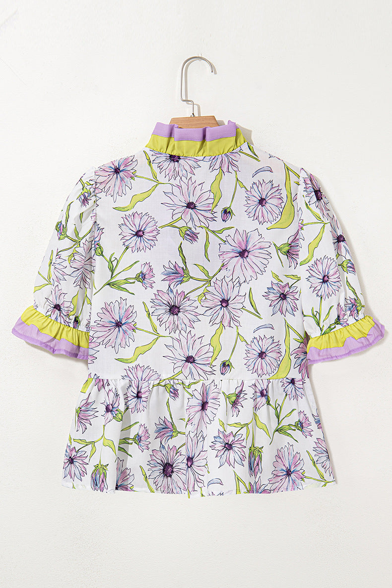 Fashion Floral Ruffled Half Sleeve T-shirt For Women