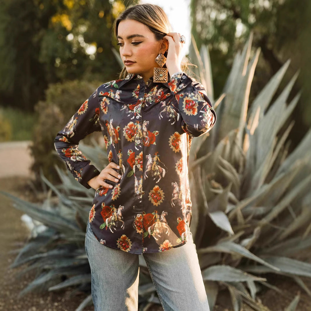 Denim Ethnic Street Printing Slim Fit Women's Shirt