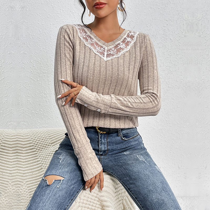 Women's Slim-fit T-shirt Lace V-neck Patchwork Texture Sunken Stripe Knitted Top