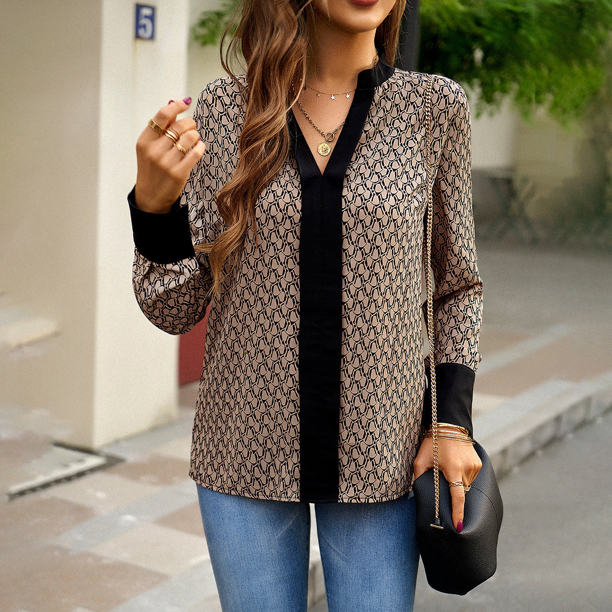 Printed V-neck Shirt Women's Long-sleeved Top