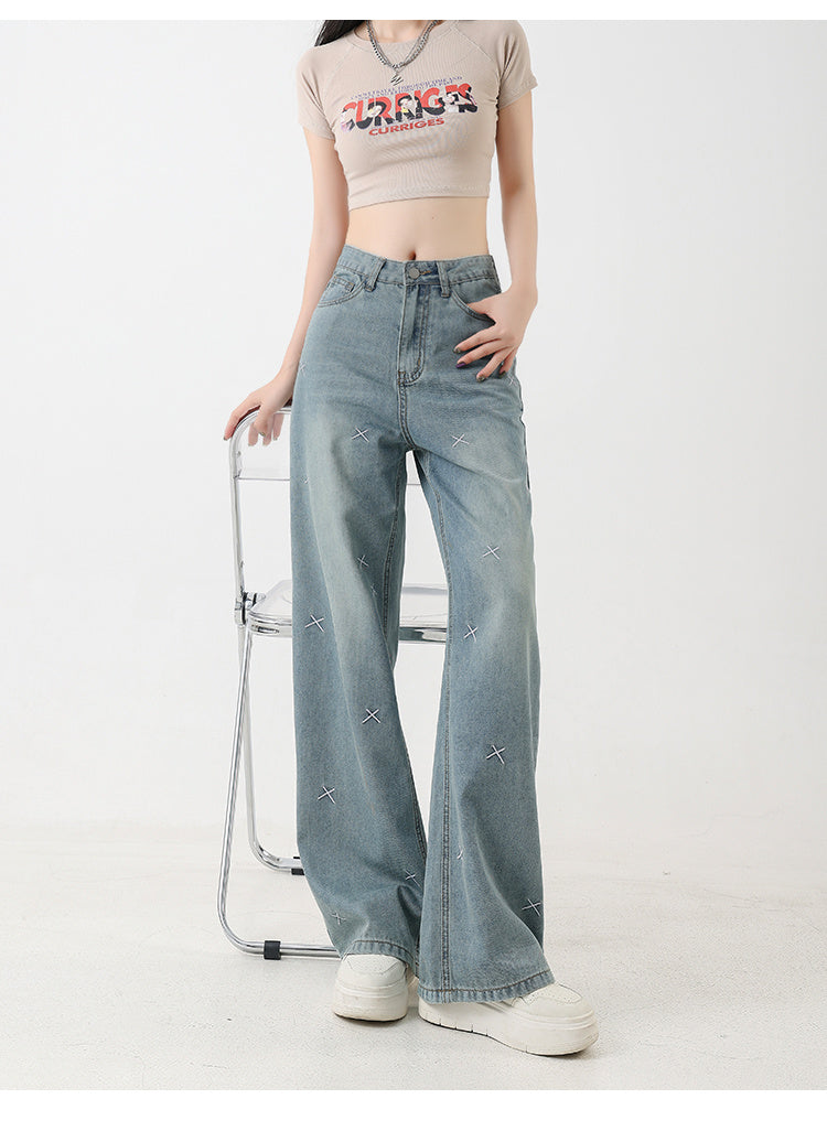 Women's Tencel Light Colored Embroidered Wide Leg Jeans