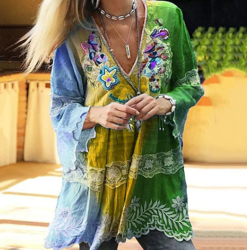 Vintage Boho Colorful Floral Color Block Patchwork Linen V-neck Blouses