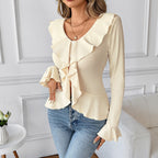 V-neck Flounce Slim Fit Slimming Top T-shirt For Women