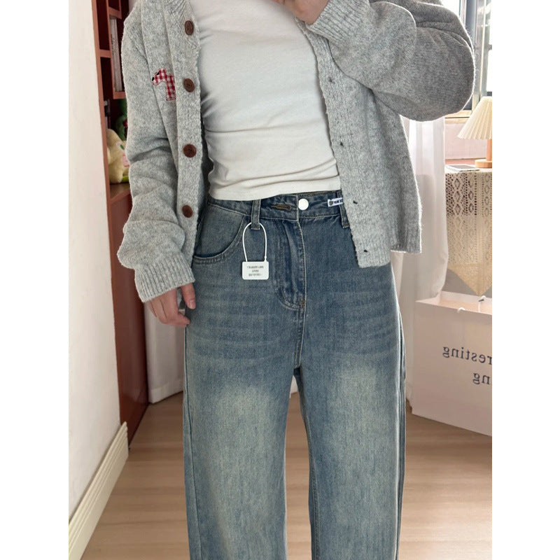 Retro Blue Wide Leg Jeans Women's Spring And Autumn High Waist Loose