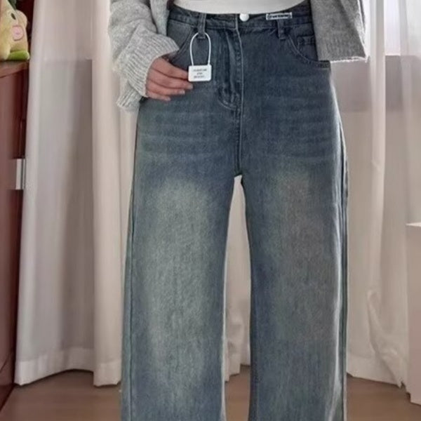 Retro Blue Wide Leg Jeans Women's Spring And Autumn High Waist Loose